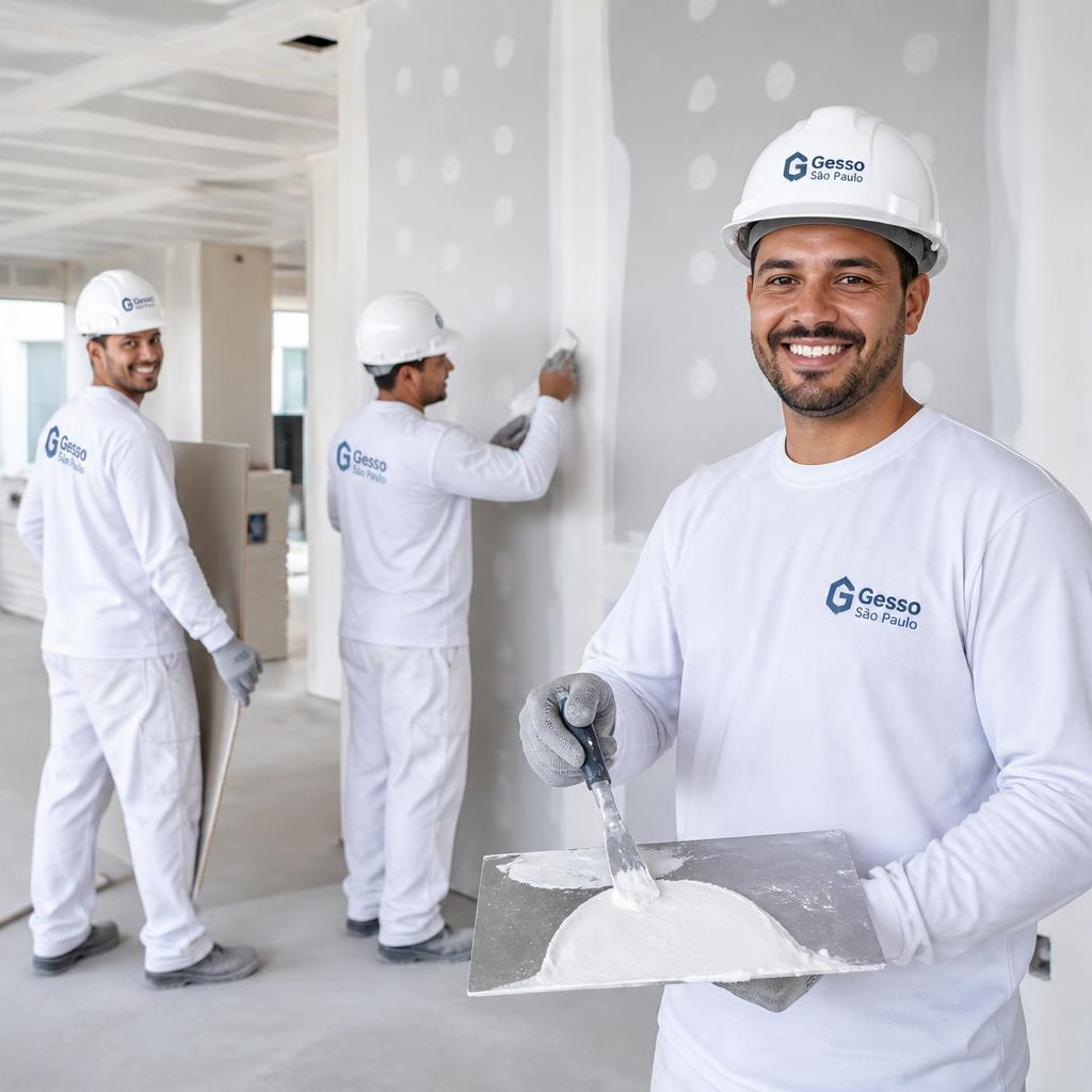 Equipe da Global Gesso trabalhando em obra de drywall