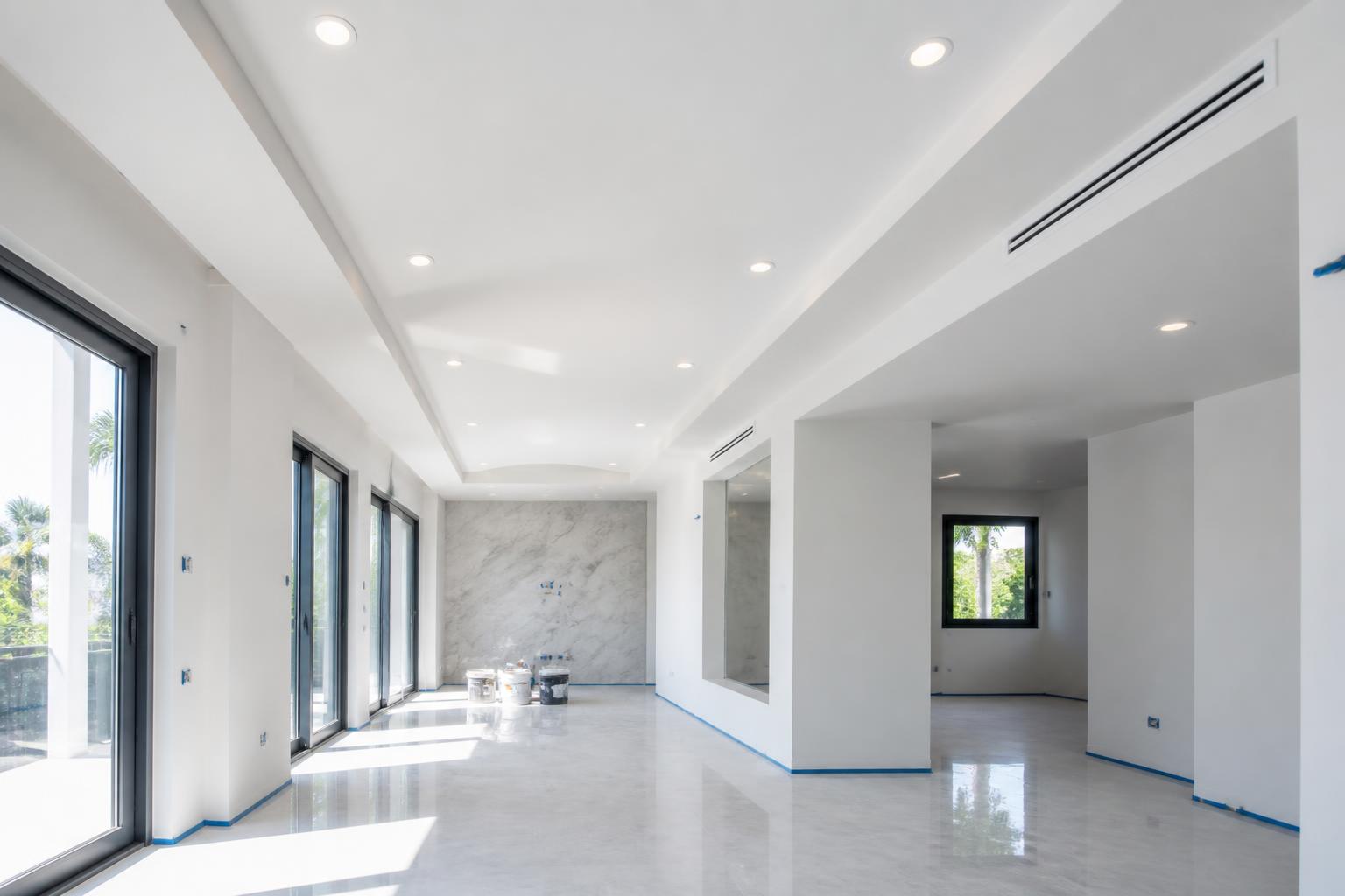 Ambiente com forro de gesso e drywall recém-instalados